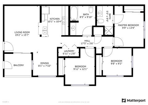 Floor plan for 3 beds, 2 baths, 1164 sqft